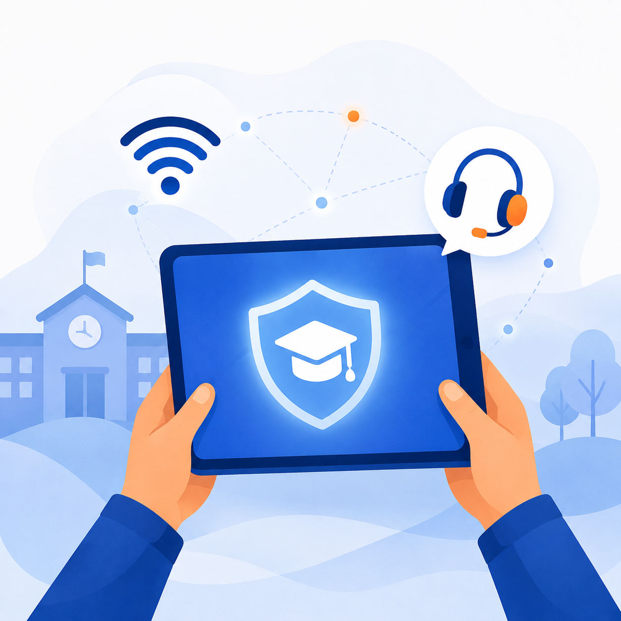 Illustrated symbol with hands holding a tablet, a support-headset and wifi a symbol